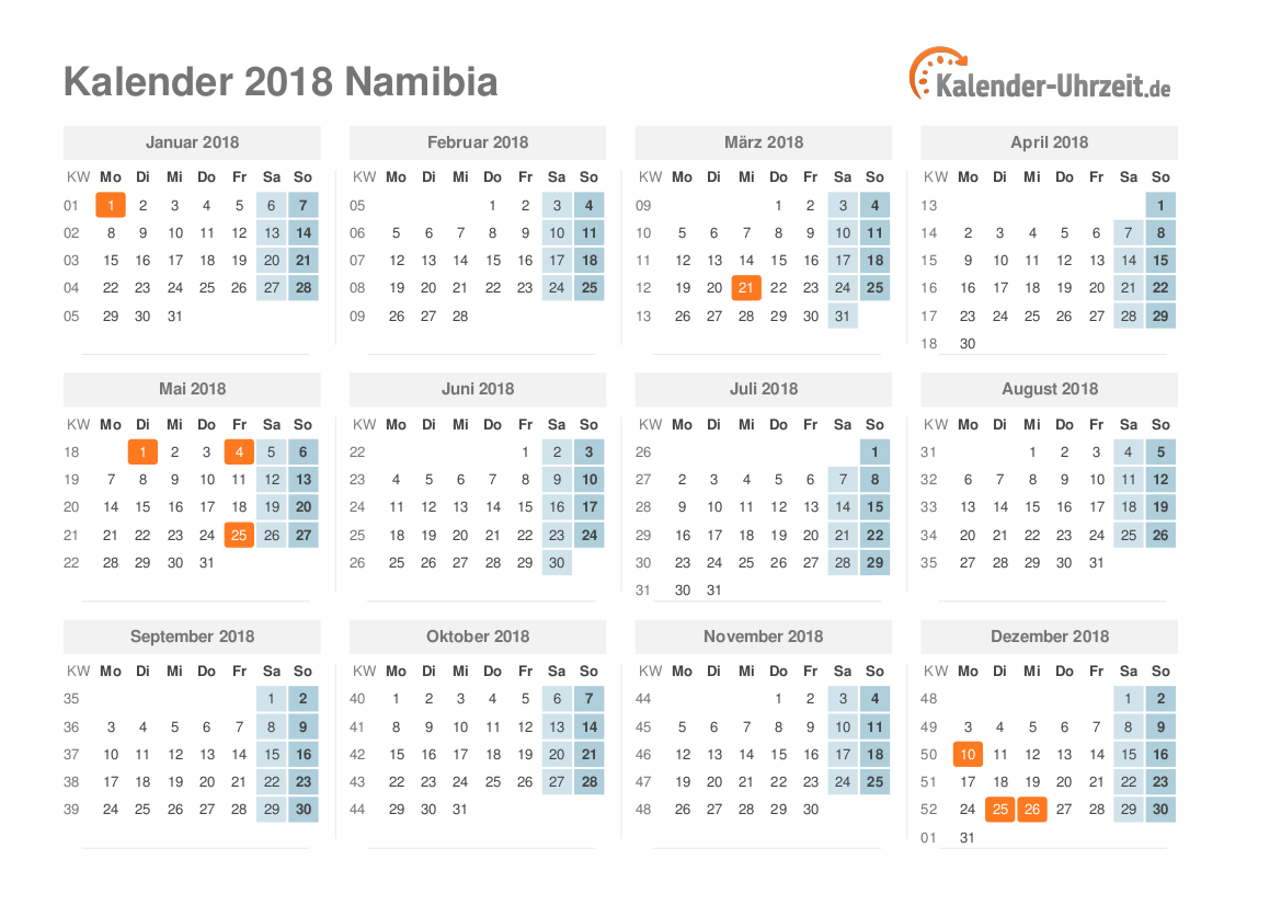Kalender 2018 Namibia mit Feiertagen zum Ausdrucken Kalender 2018 Namibia mit Feiertagen