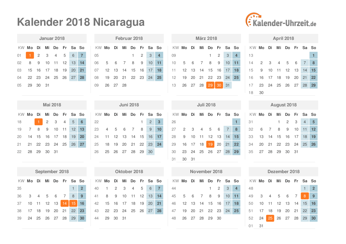 Kalender 2018 Nicaragua mit Feiertagen