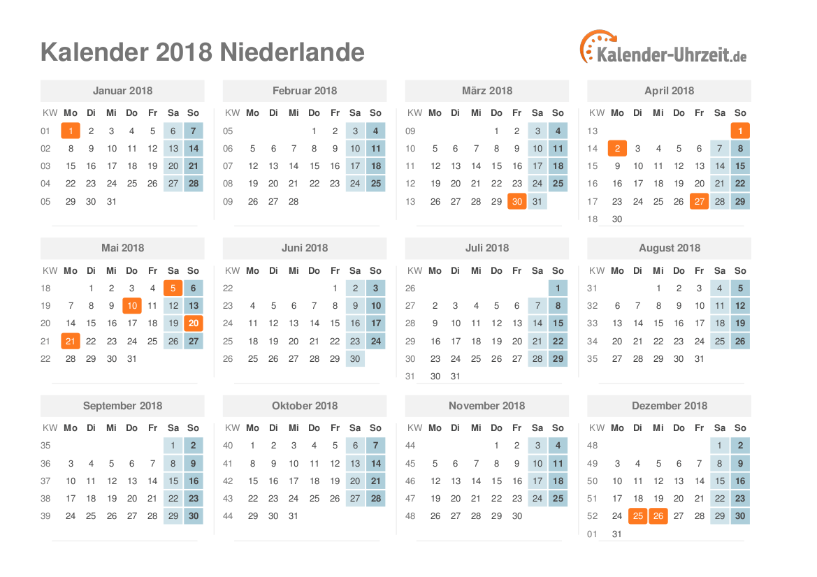 Kalender 2018 Niederlande mit Feiertagen