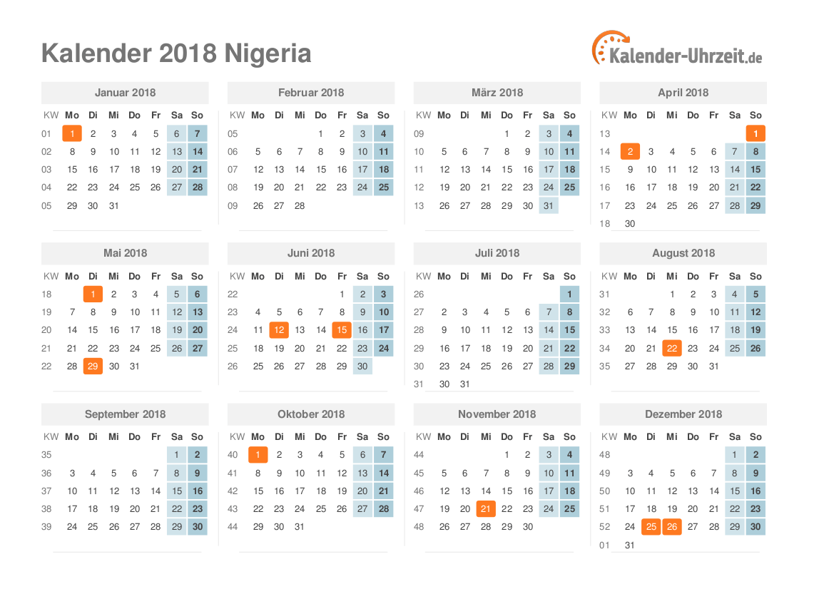 Kalender 2018 Nigeria mit Feiertagen