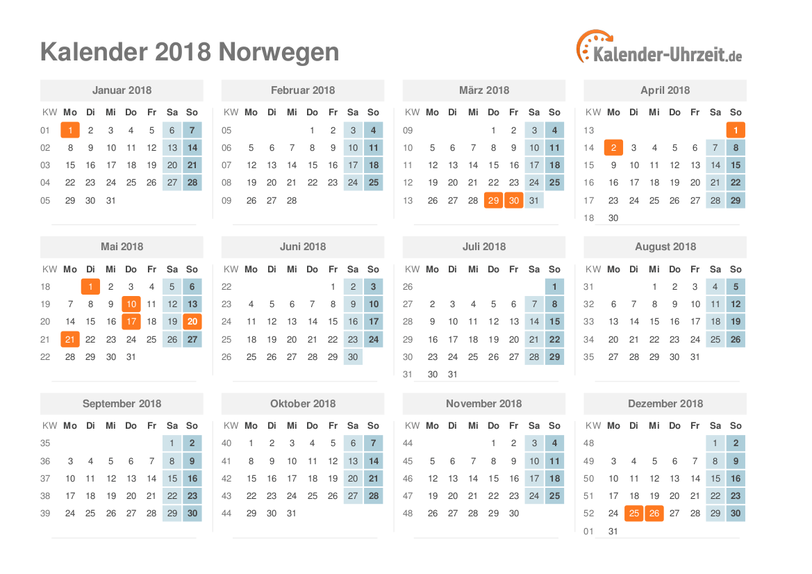 Kalender 2018 Norwegen mit Feiertagen