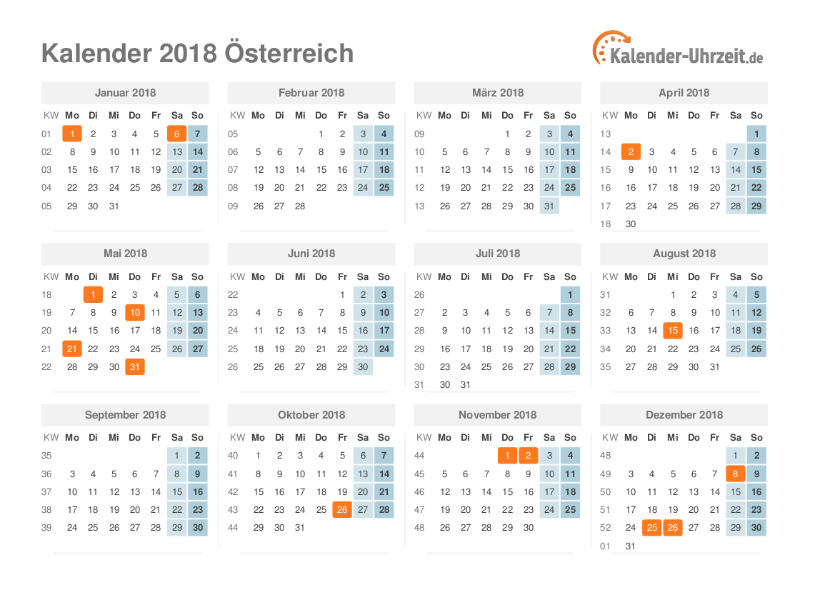 Kalender 2018 Österreich mit Feiertagen