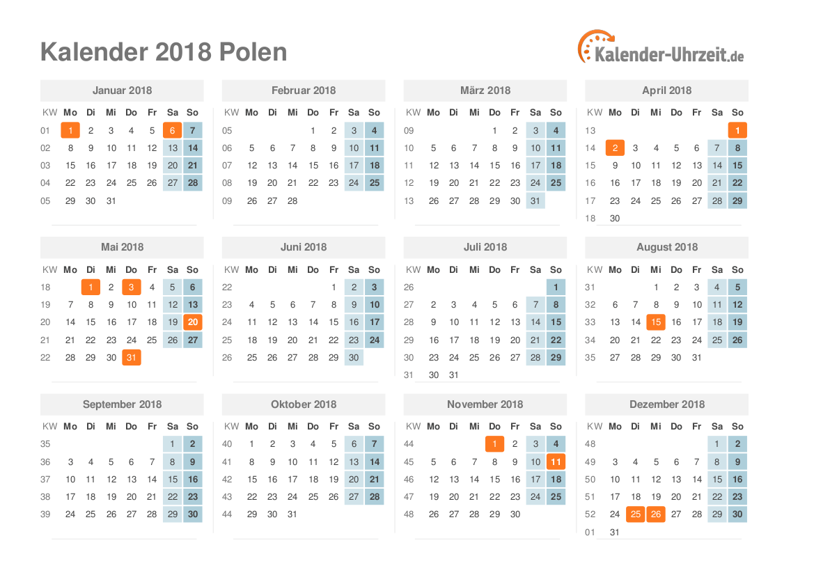 Kalender 2018 Polen mit Feiertagen