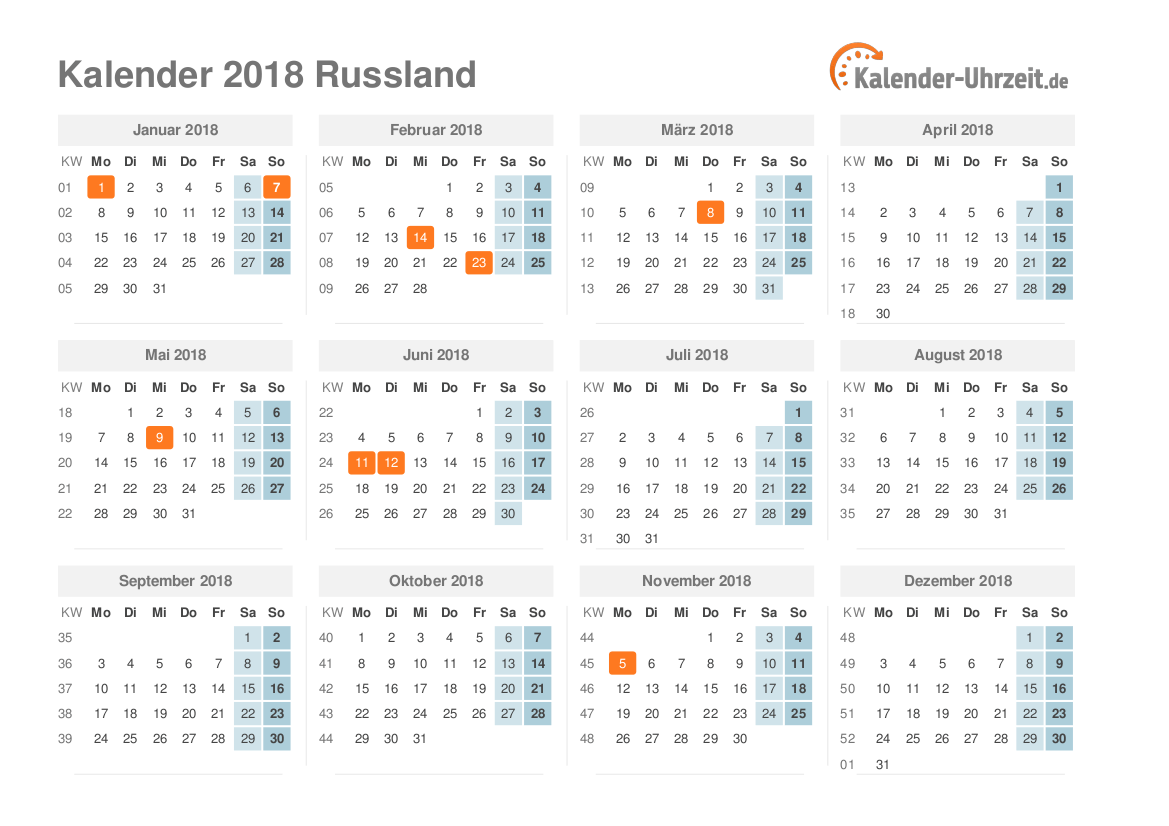 Kalender 2018 Russland mit Feiertagen