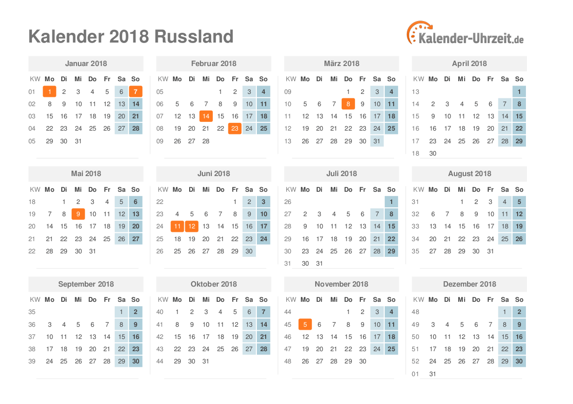 Kalender 2018 Russland mit Feiertagen zum Ausdrucken Kalender 2018 Russland mit Feiertagen