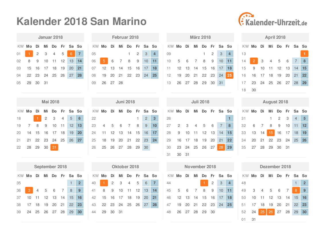 Kalender 2018 San Marino mit Feiertagen