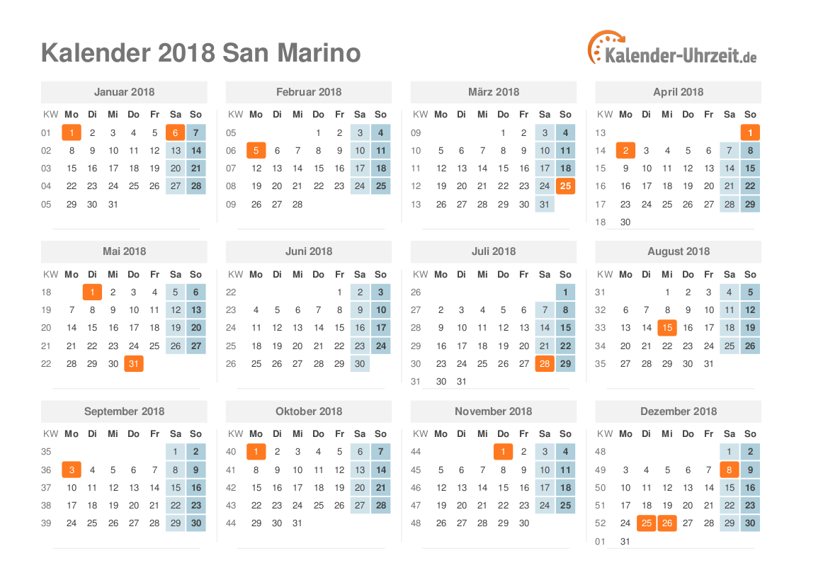 Kalender 2018 San Marino mit Feiertagen zum Ausdrucken Kalender 2018 San Marino mit Feiertagen