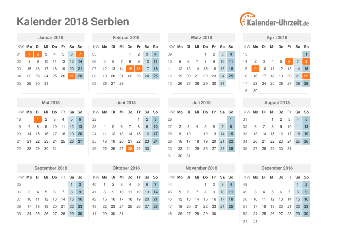 Kalender 2018 Serbien mit Feiertagen