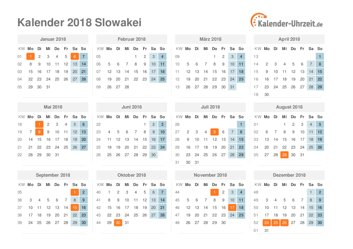 Kalender 2018 Slowakei mit Feiertagen zum Ausdrucken Kalender 2018 Slowakei mit Feiertagen