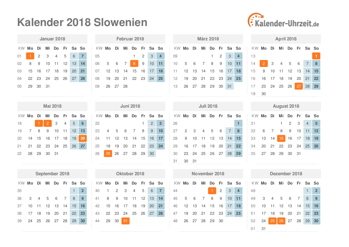 Kalender 2018 Slowenien mit Feiertagen