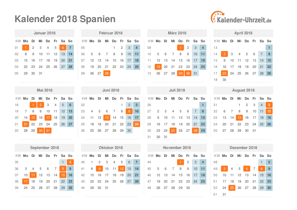 Kalender 2018 Spanien mit Feiertagen