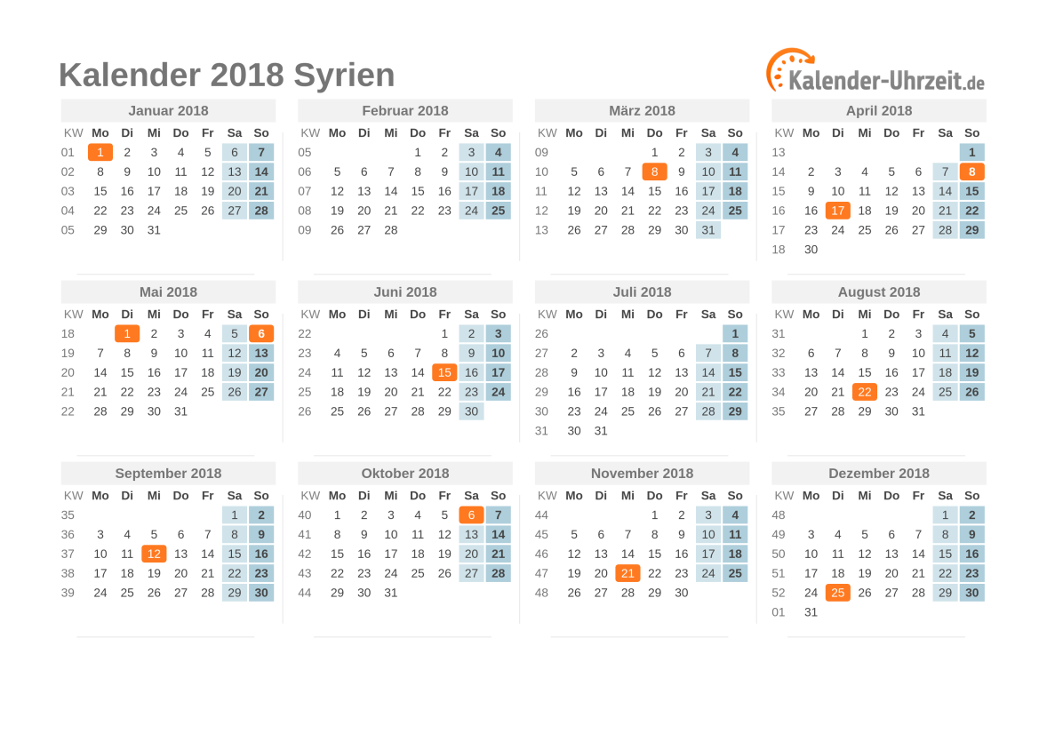 Kalender 2018 Syrien mit Feiertagen zum Ausdrucken Kalender 2018 Syrien mit Feiertagen