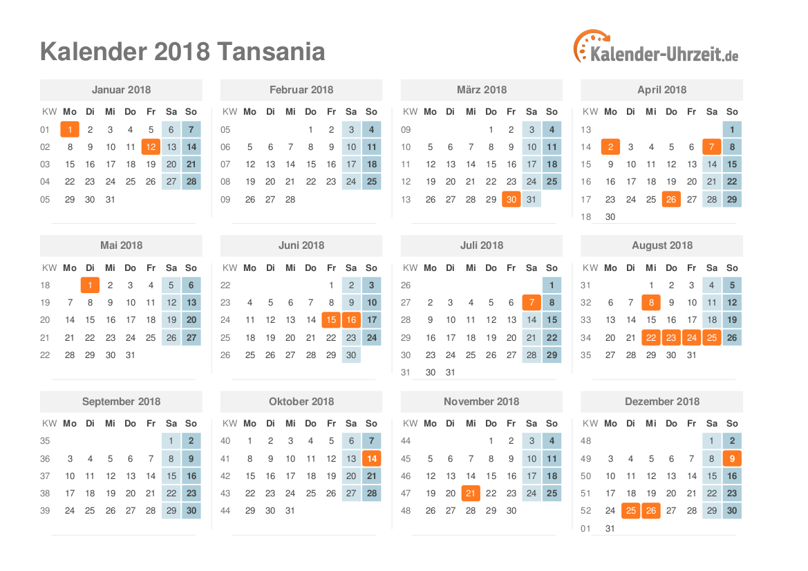 Kalender 2018 Tansania mit Feiertagen zum Ausdrucken Kalender 2018 Tansania mit Feiertagen