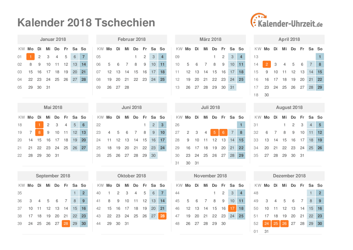 Kalender 2018 Tschechien mit Feiertagen zum Ausdrucken Kalender 2018 Tschechien mit Feiertagen