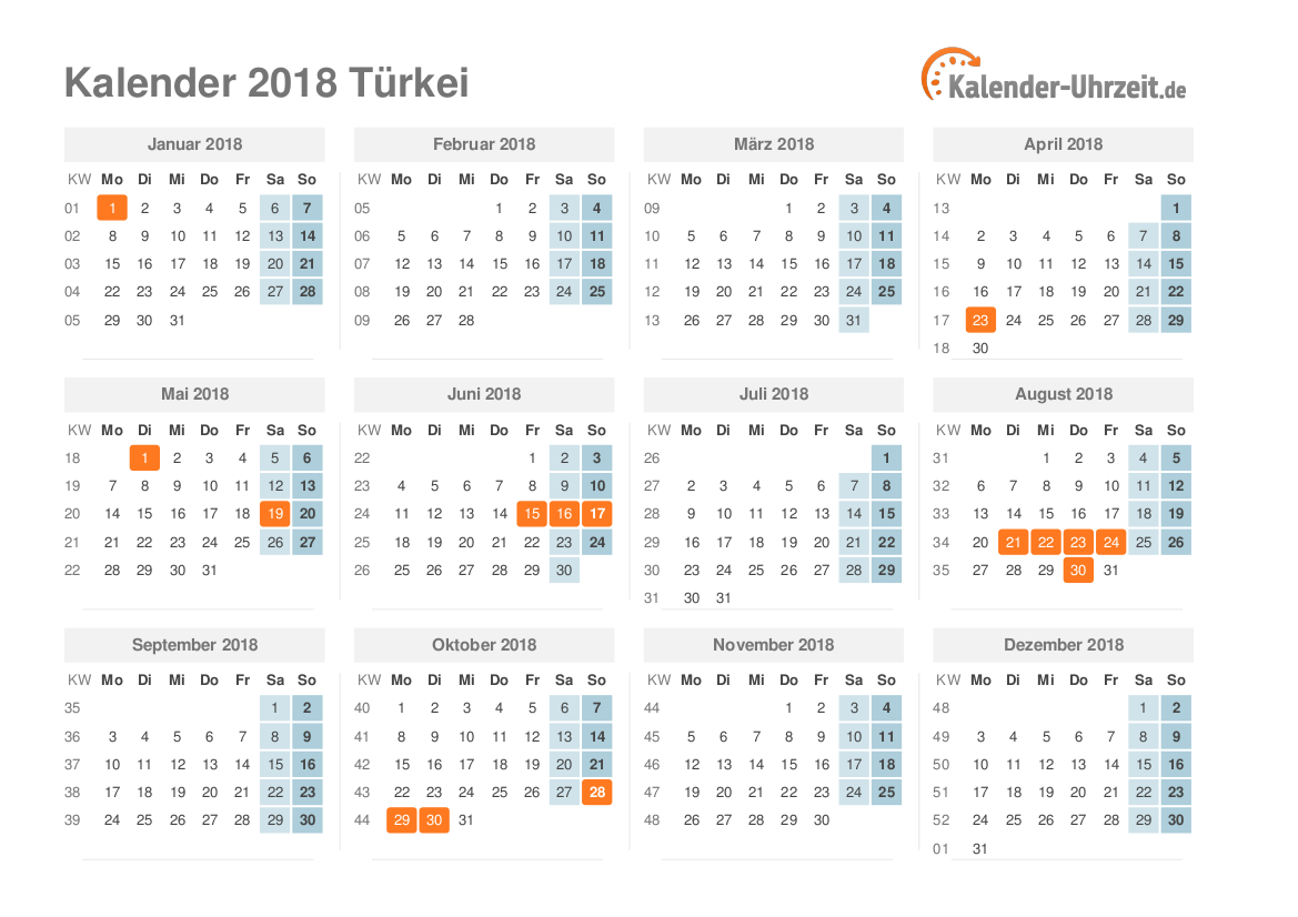 Kalender 2018 Türkei mit Feiertagen