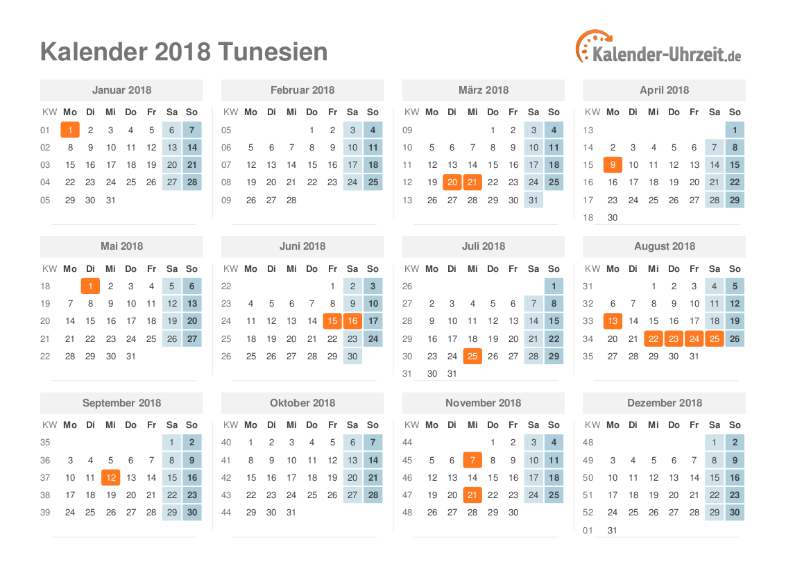 Kalender 2018 Tunesien mit Feiertagen zum Ausdrucken Kalender 2018 Tunesien mit Feiertagen