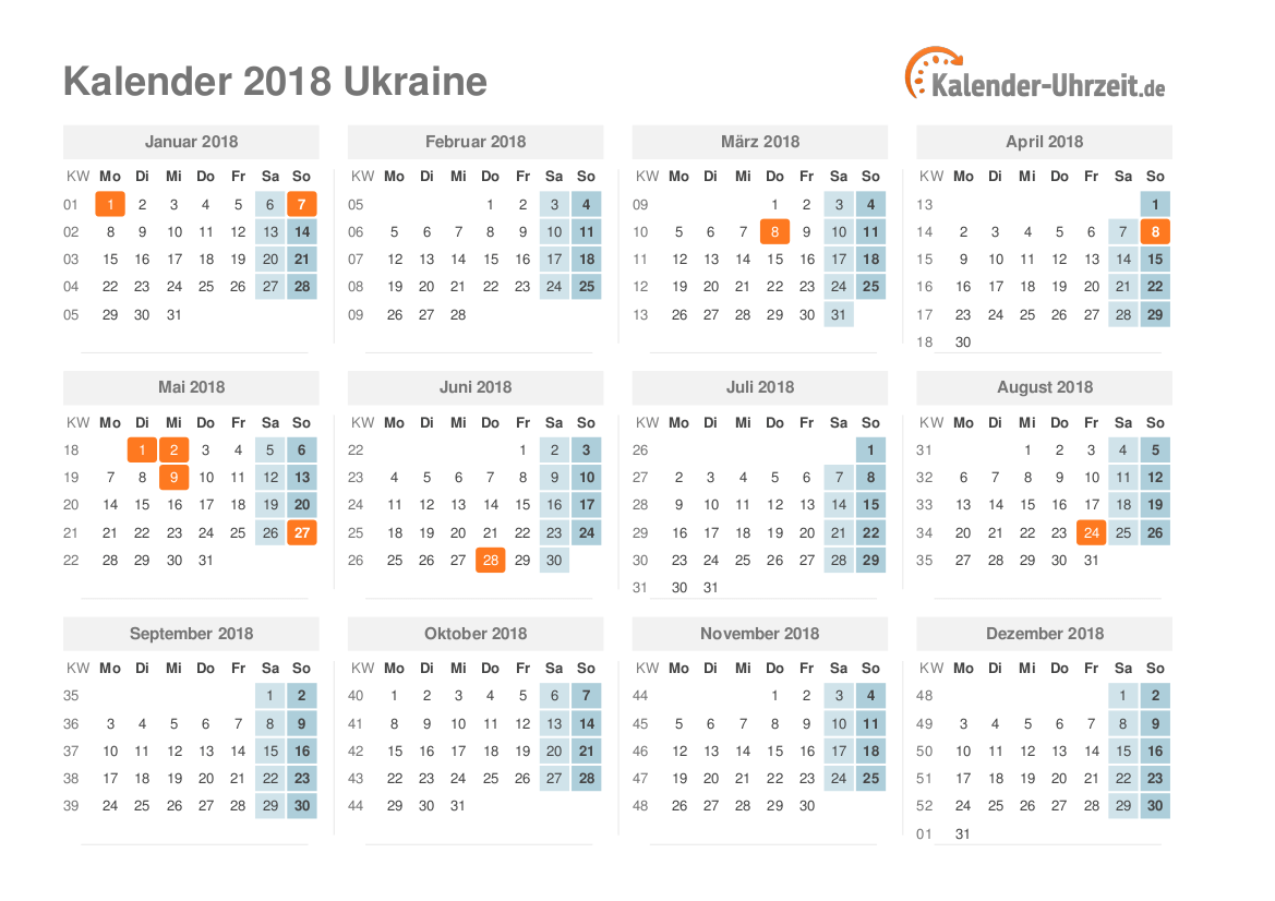 Kalender 2018 Ukraine mit Feiertagen