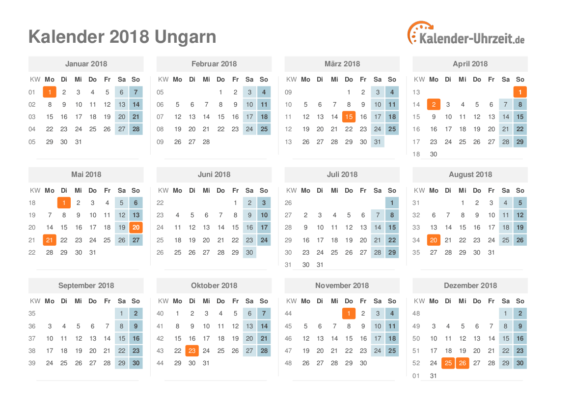 Kalender 2018 Ungarn mit Feiertagen