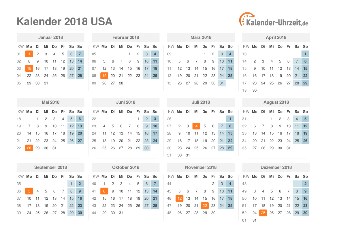 Feiertage 2018 USA - Kalender & Übersicht