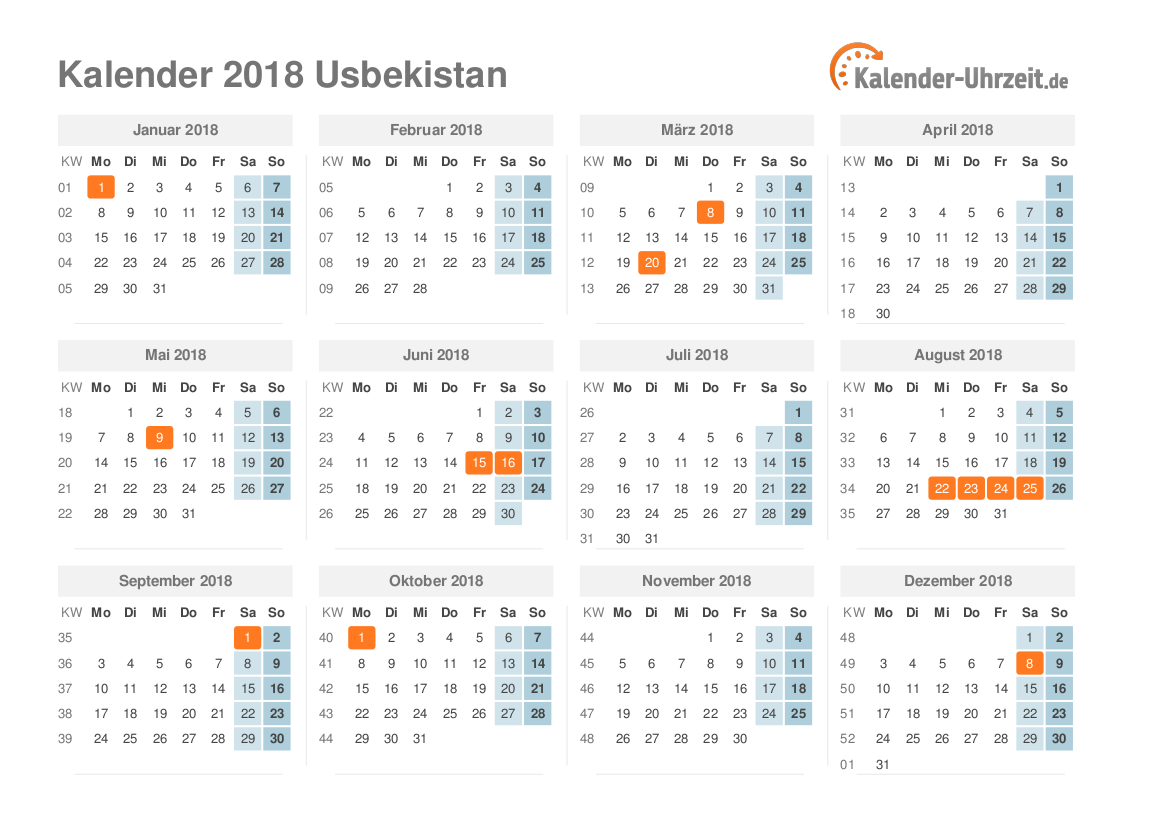 Kalender 2018 Usbekistan mit Feiertagen zum Ausdrucken Kalender 2018 Usbekistan mit Feiertagen
