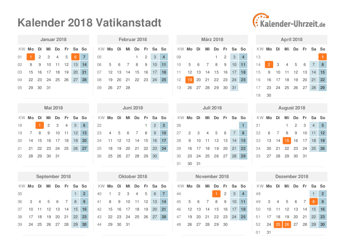 Kalender 2018 Vatikanstadt mit Feiertagen zum Ausdrucken Kalender 2018 Vatikanstadt mit Feiertagen