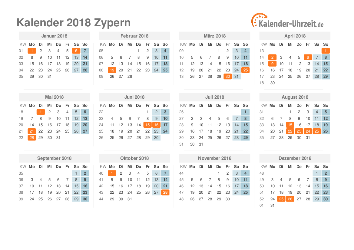 Kalender 2018 Zypern mit Feiertagen zum Ausdrucken Kalender 2018 Zypern mit Feiertagen