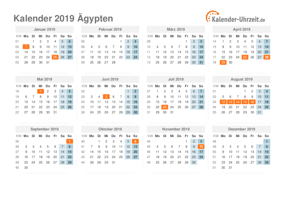 Kalender 2019 Ägypten mit Feiertagen zum Ausdrucken Kalender 2019 Ägypten mit Feiertagen