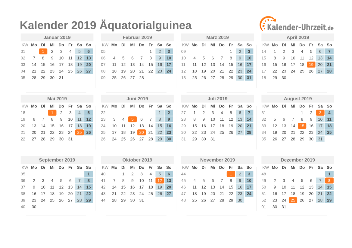 Kalender 2019 Äquatorialguinea mit Feiertagen zum Ausdrucken Kalender 2019 Äquatorialguinea mit Feiertagen