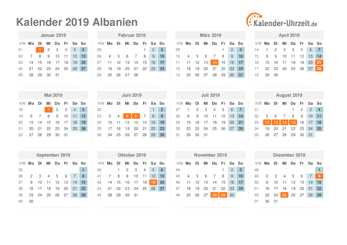 Kalender 2019 Albanien mit Feiertagen