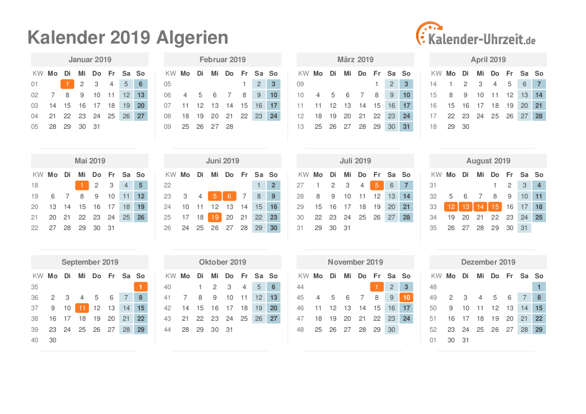 Kalender 2019 Algerien mit Feiertagen zum Ausdrucken Kalender 2019 Algerien mit Feiertagen