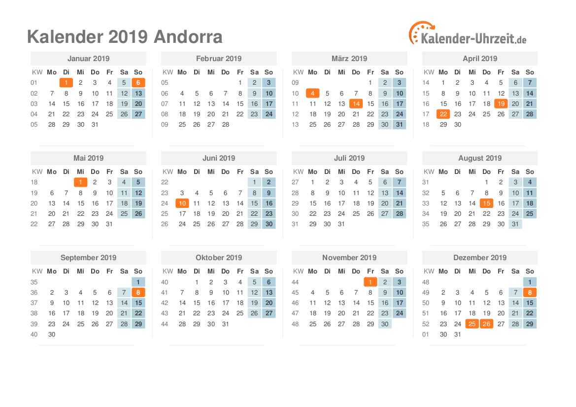 Kalender 2019 Andorra mit Feiertagen