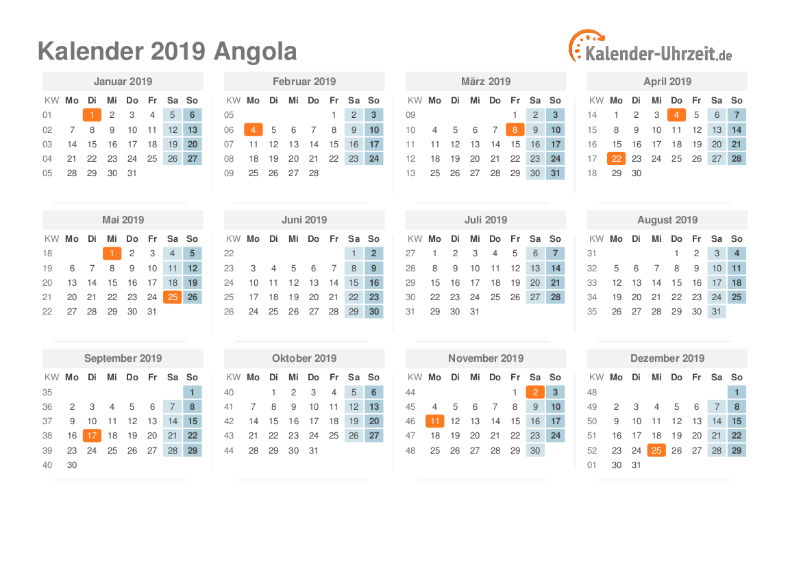Kalender 2019 Angola mit Feiertagen
