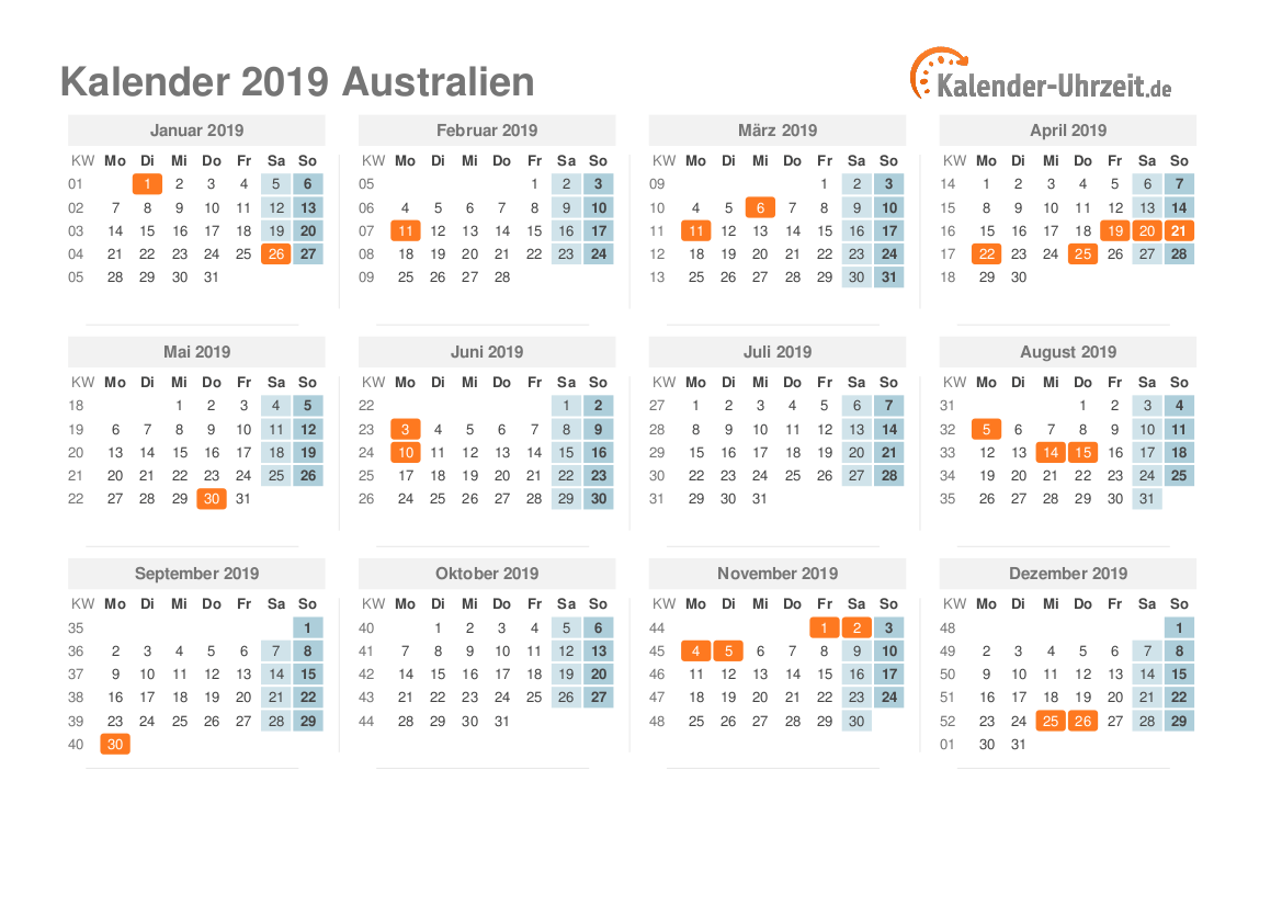Kalender 2019 Australien mit Feiertagen zum Ausdrucken Kalender 2019 Australien mit Feiertagen