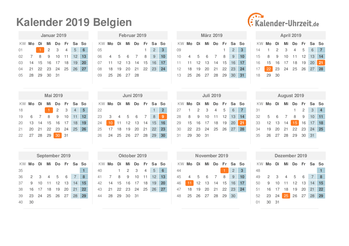 Kalender 2019 Belgien mit Feiertagen