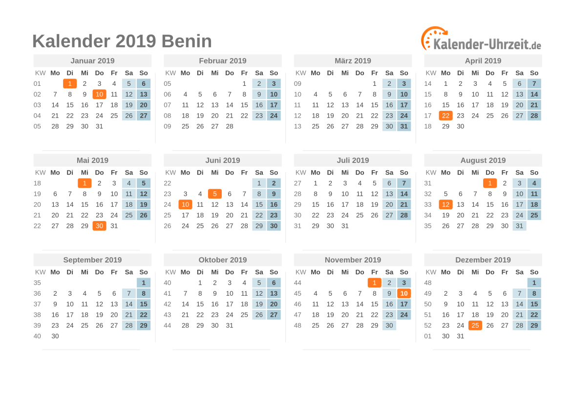 Kalender 2019 Benin mit Feiertagen zum Ausdrucken Kalender 2019 Benin mit Feiertagen