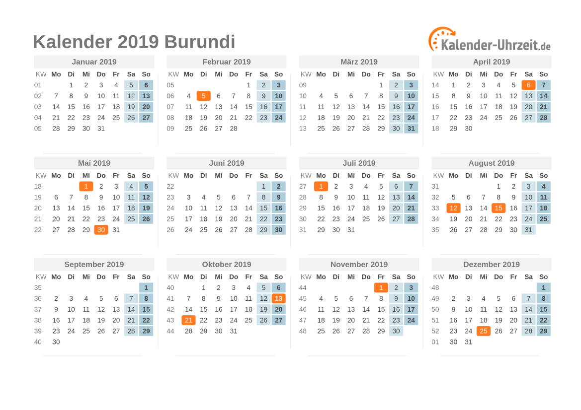 Kalender 2019 Burundi mit Feiertagen