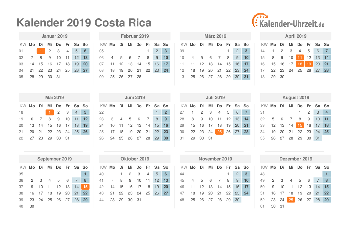 Kalender 2019 Costa Rica mit Feiertagen zum Ausdrucken Kalender 2019 Costa Rica mit Feiertagen