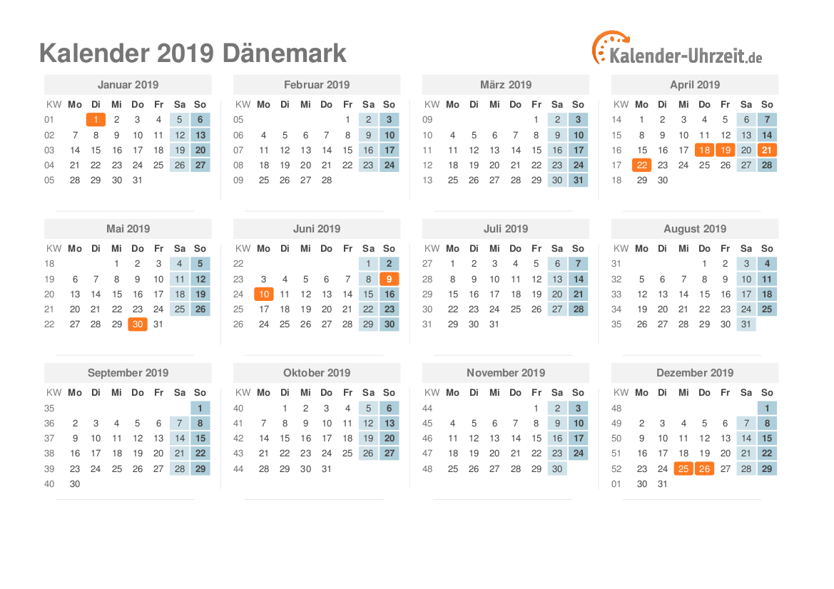 Kalender 2019 Dänemark mit Feiertagen