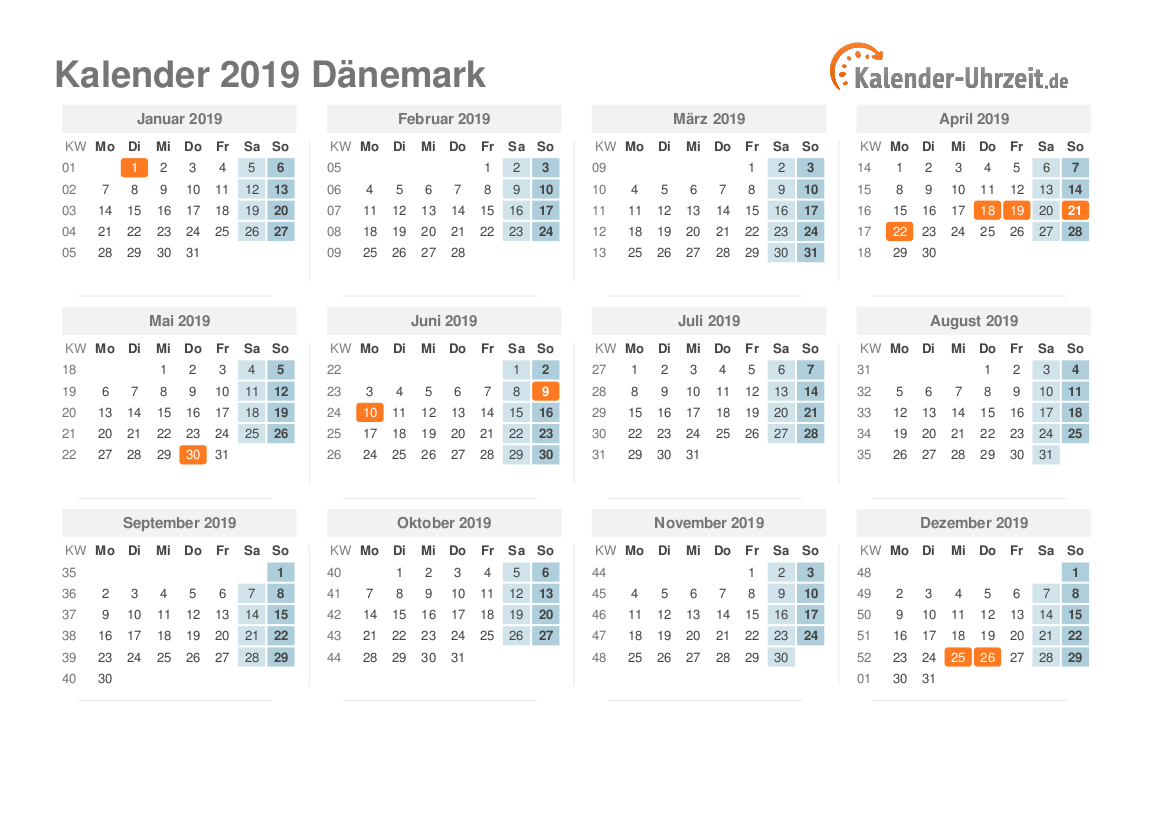Kalender 2019 Dänemark mit Feiertagen zum Ausdrucken Kalender 2019 Dänemark mit Feiertagen