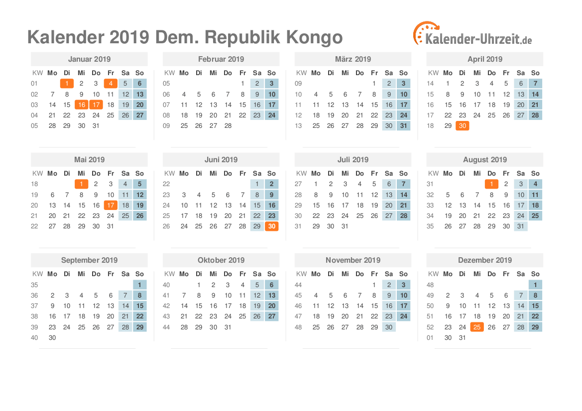 Kalender 2019 Dem. Republik Kongo mit Feiertagen