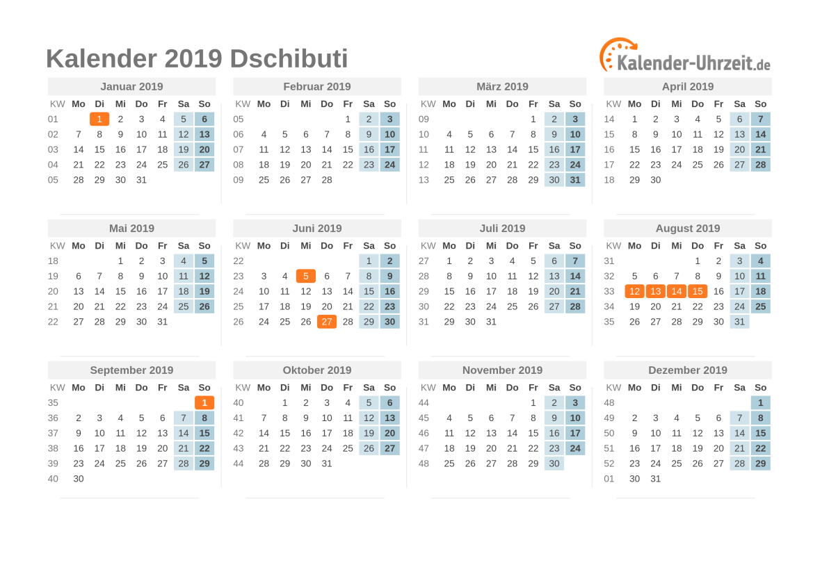 Kalender 2019 Dschibuti mit Feiertagen zum Ausdrucken Kalender 2019 Dschibuti mit Feiertagen