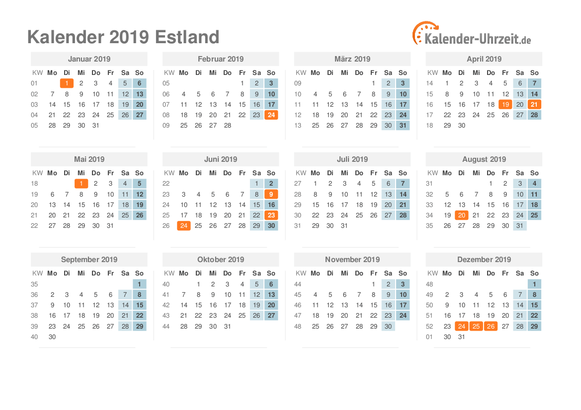 Kalender 2019 Estland mit Feiertagen zum Ausdrucken Kalender 2019 Estland mit Feiertagen