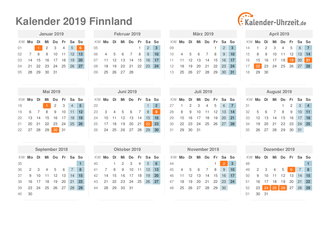 Kalender 2019 Finnland mit Feiertagen zum Ausdrucken Kalender 2019 Finnland mit Feiertagen