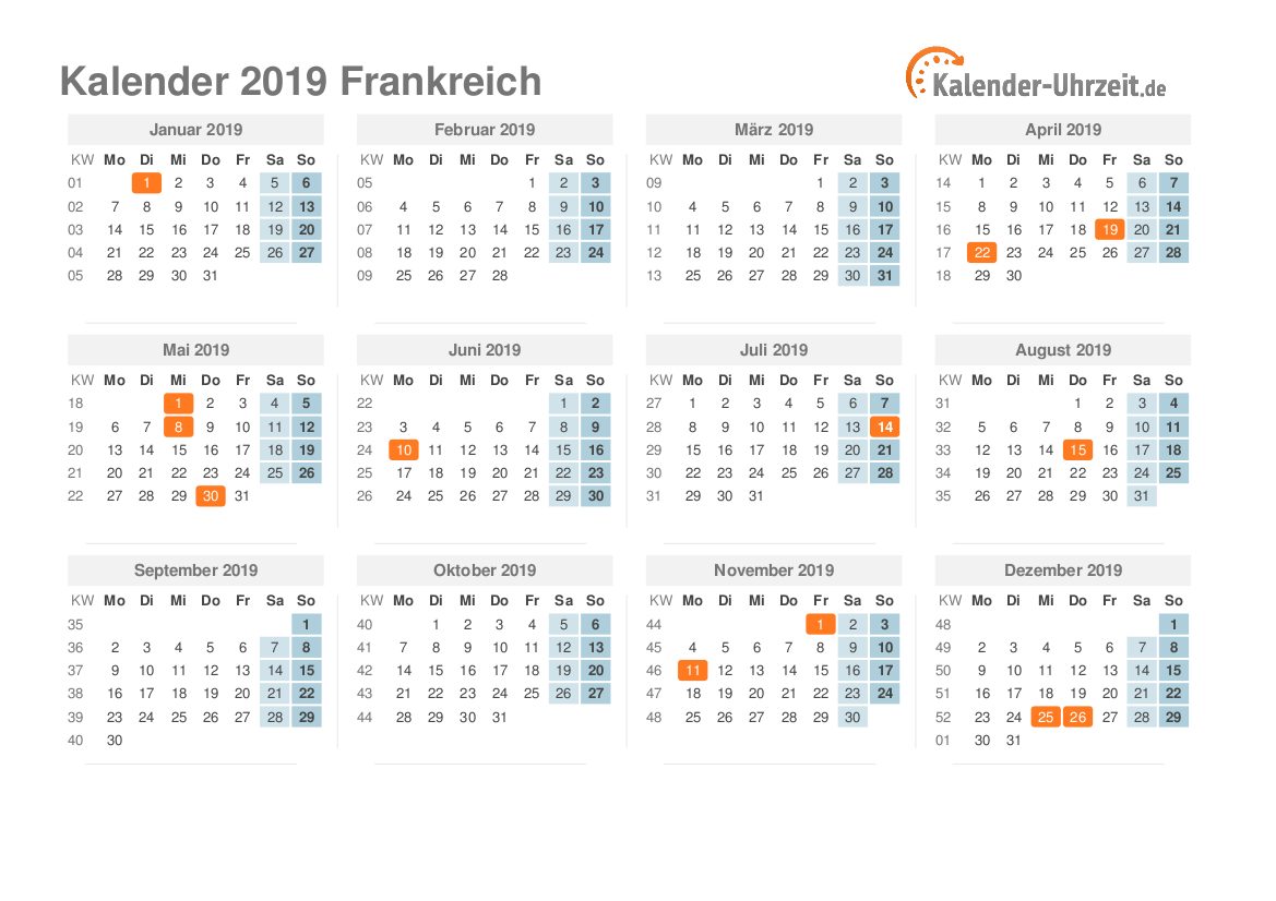 Kalender 2019 Frankreich mit Feiertagen