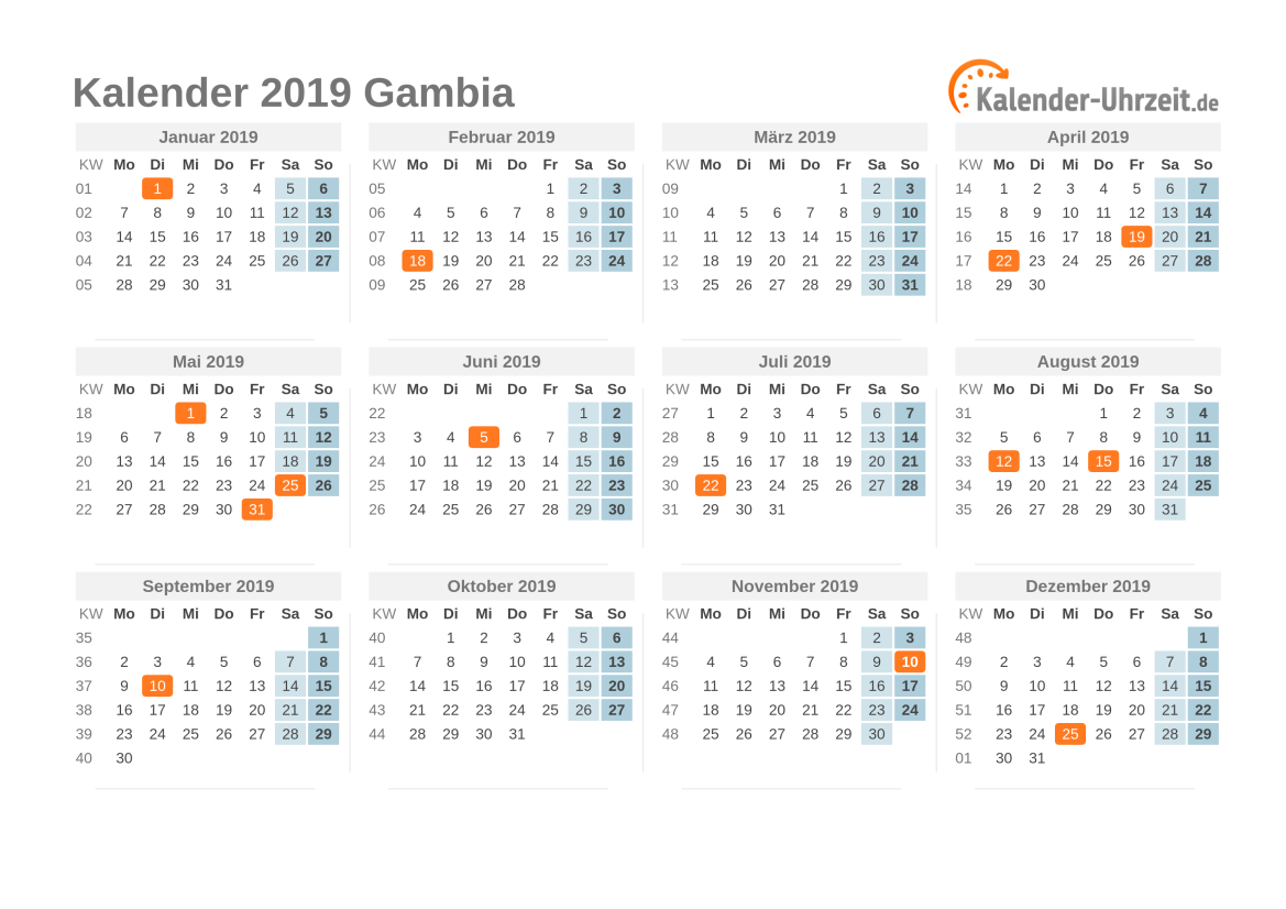 Kalender 2019 Gambia mit Feiertagen zum Ausdrucken Kalender 2019 Gambia mit Feiertagen
