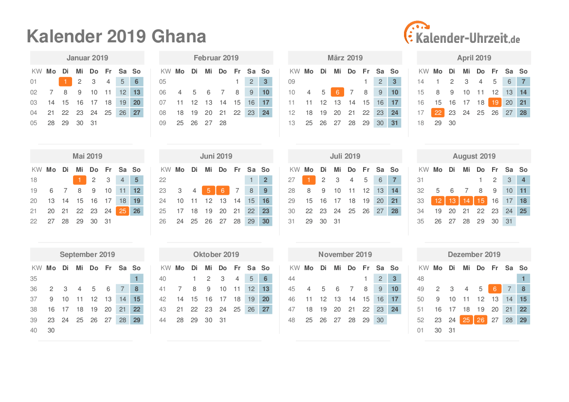 Kalender 2019 Ghana mit Feiertagen