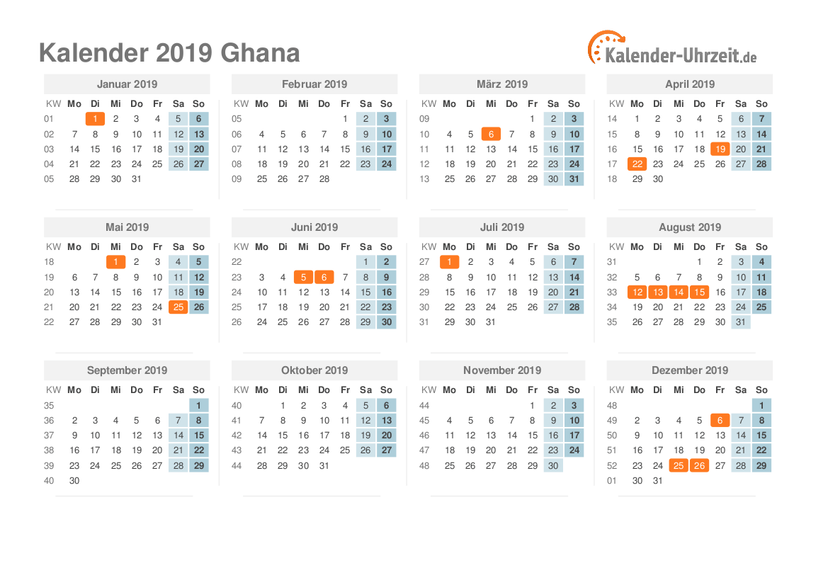 Kalender 2019 Ghana mit Feiertagen zum Ausdrucken Kalender 2019 Ghana mit Feiertagen