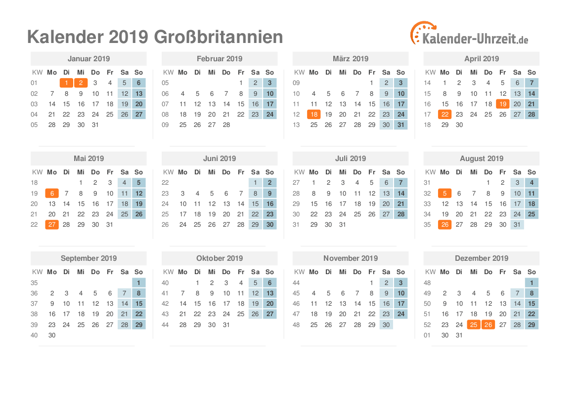 Kalender 2019 Großbritannien mit Feiertagen zum Ausdrucken Kalender 2019 Großbritannien mit Feiertagen