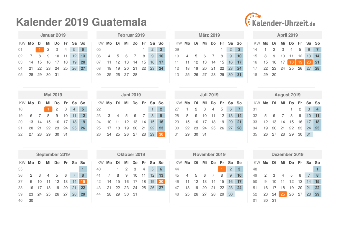 Kalender 2019 Guatemala mit Feiertagen zum Ausdrucken Kalender 2019 Guatemala mit Feiertagen
