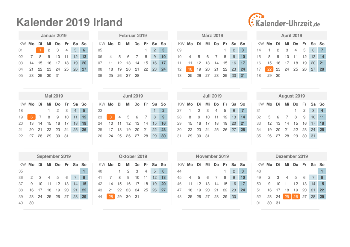 Kalender 2019 Irland mit Feiertagen
